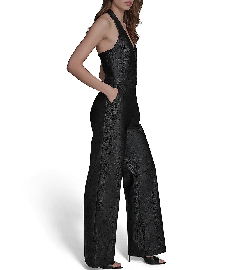 BCBG Faux Snakeskin Foil Halter V-Neck Button Front Two Piece Jumpsuit