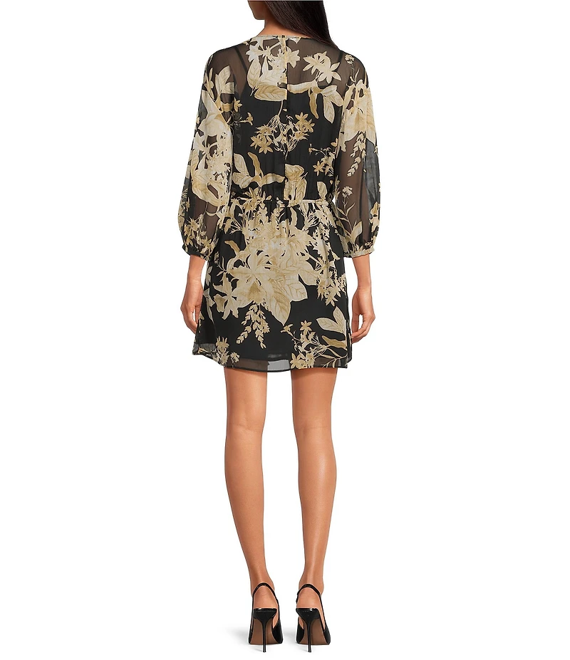 BCBG Floral Print Chiffon Long Sleeve V-Neck Faux Wrap Mini Dress