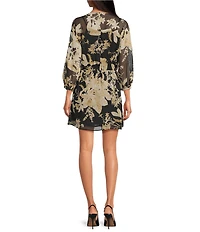 BCBG Floral Print Chiffon Long Sleeve V-Neck Faux Wrap Mini Dress
