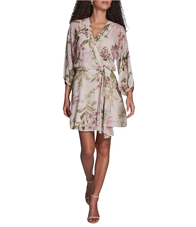 BCBG Floral Print Chiffon Side Knot 3/4 Sleeves V-Neck Shift Mini Dress