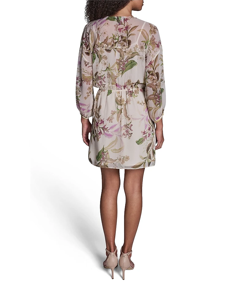 BCBG Floral Print Chiffon Side Knot 3/4 Sleeves V-Neck Shift Mini Dress