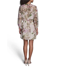 BCBG Floral Print Chiffon Side Knot 3/4 Sleeves V-Neck Shift Mini Dress