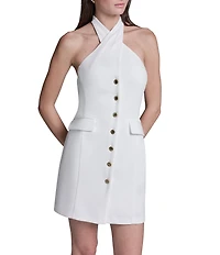 BCBG Halter Neck Button Front Scuba Crepe Mini Dress