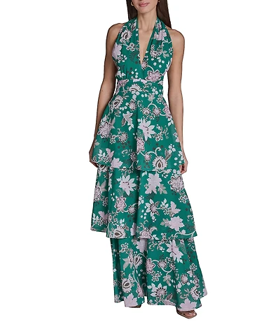 BCBG Halter Neck Sleeveless Floral Tiered Chiffon Maxi Dress