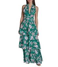 BCBG Halter Neck Sleeveless Floral Tiered Chiffon Maxi Dress
