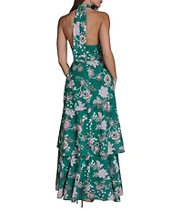 BCBG Halter Neck Sleeveless Floral Tiered Chiffon Maxi Dress
