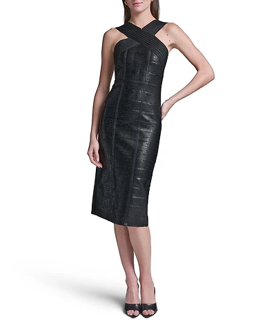 BCBG Halter Sleeveless Foil Knit Bandage Midi Dress