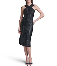 BCBG Halter Sleeveless Foil Knit Bandage Midi Dress