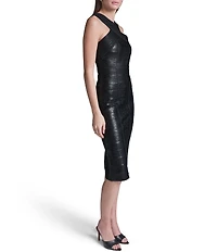 BCBG Halter Sleeveless Foil Knit Bandage Midi Dress