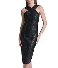 BCBG Halter Sleeveless Foil Knit Bandage Midi Dress