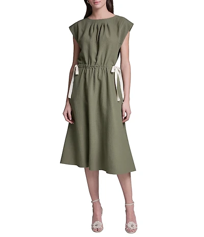 BCBG Jewel Neck Cap Sleeve Tie Waist Gauze Midi Dress