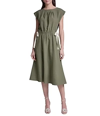 BCBG Jewel Neck Cap Sleeve Tie Waist Gauze Midi Dress