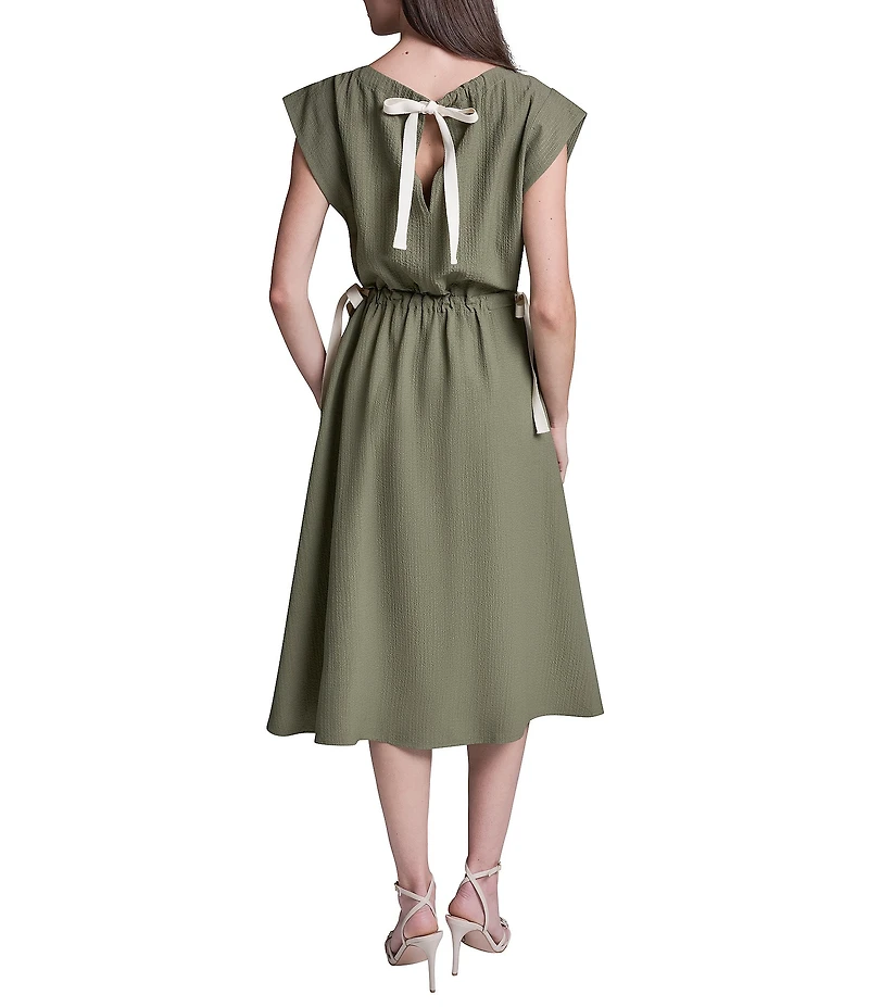 BCBG Jewel Neck Cap Sleeve Tie Waist Gauze Midi Dress