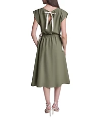 BCBG Jewel Neck Cap Sleeve Tie Waist Gauze Midi Dress