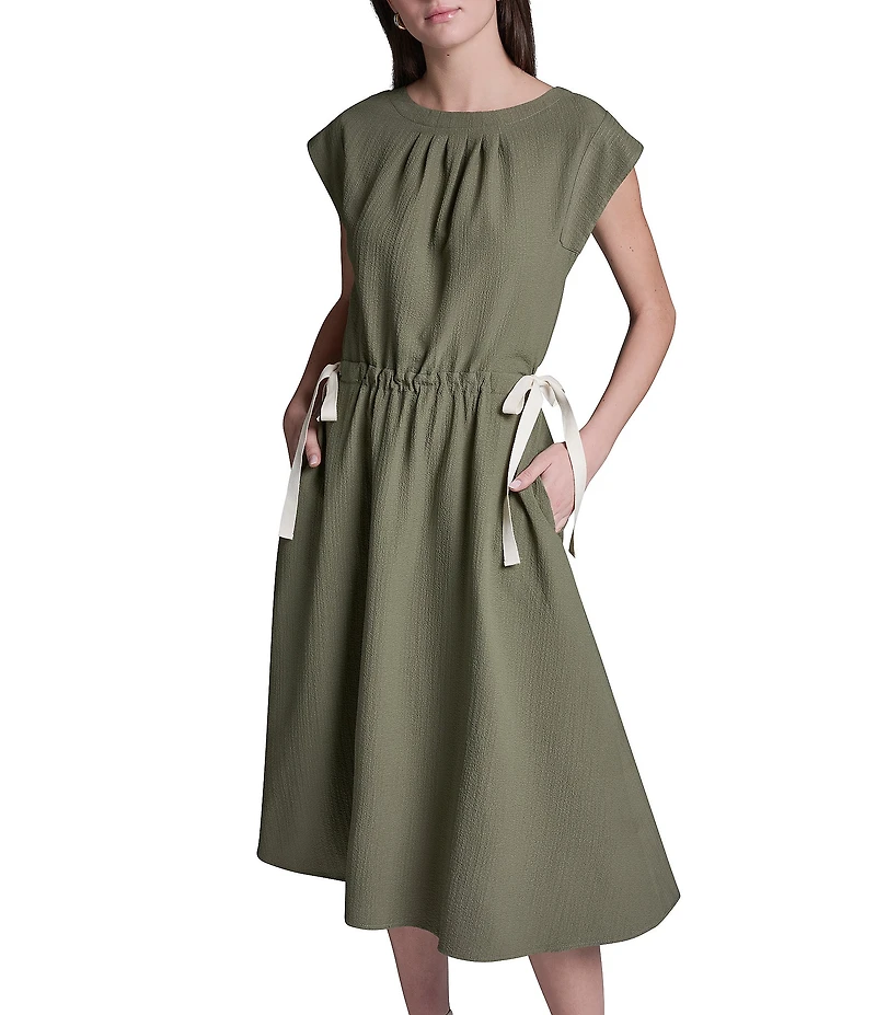 BCBG Jewel Neck Cap Sleeve Tie Waist Gauze Midi Dress