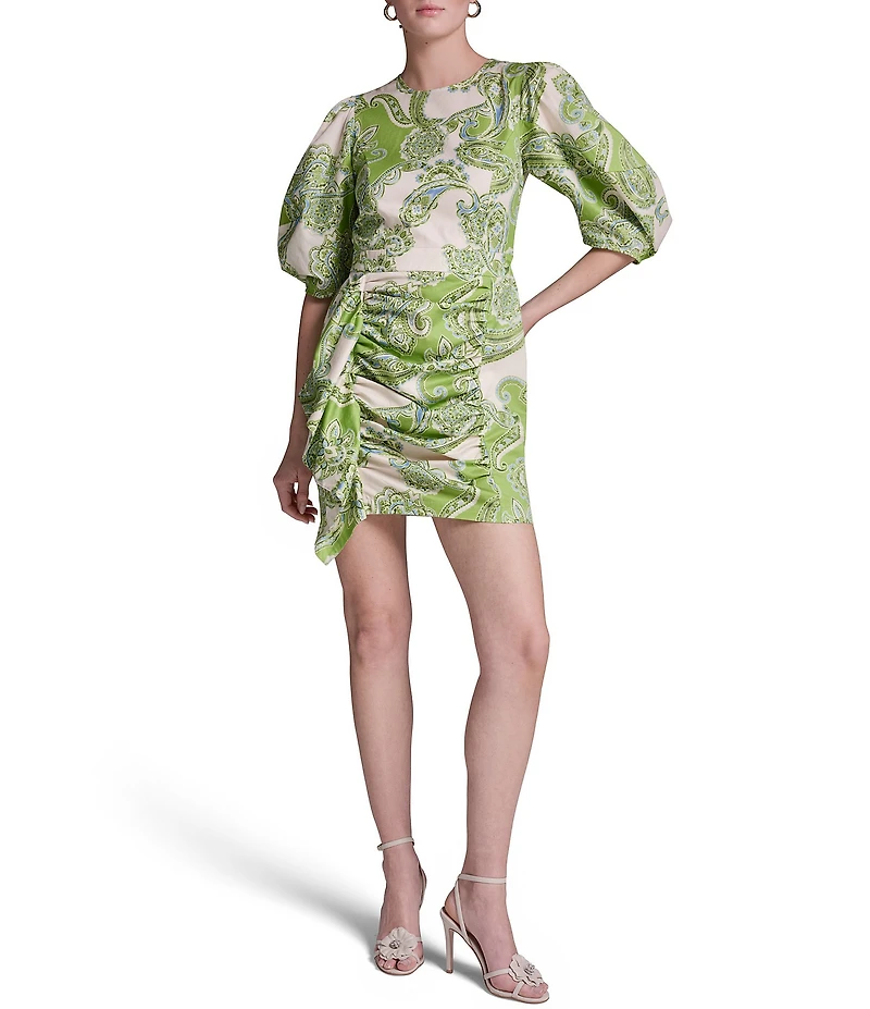 BCBG Jewel Neck Short Puff Sleeve Ruched Paisley Mini Dress