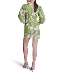 BCBG Jewel Neck Short Puff Sleeve Ruched Paisley Mini Dress