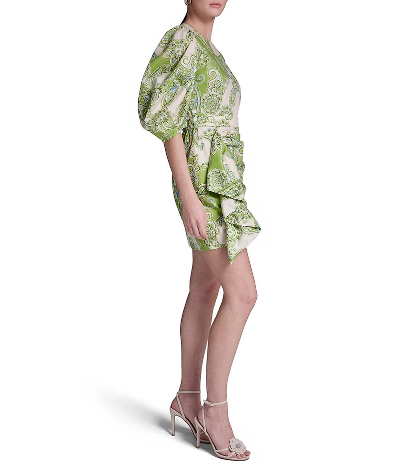 BCBG Jewel Neck Short Puff Sleeve Ruched Paisley Mini Dress