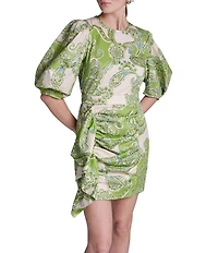 BCBG Jewel Neck Short Puff Sleeve Ruched Paisley Mini Dress