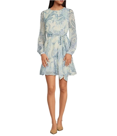 BCBG Long Sleeve Paisley Pleated Mini Dress