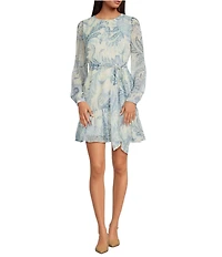 BCBG Long Sleeve Paisley Pleated Mini Dress