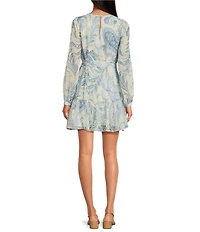 BCBG Long Sleeve Paisley Pleated Mini Dress