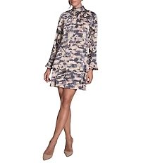 BCBG Hammered Satin Chiffon Printed Mock Neck Long Sleeve Tier Shift Mini Dress