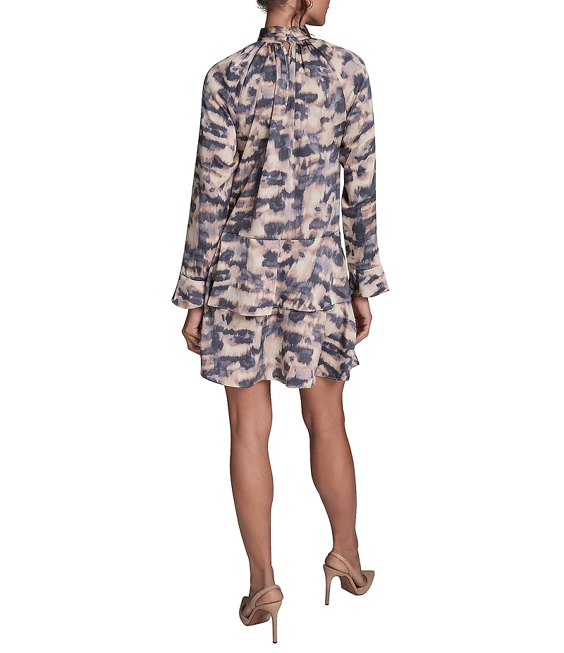 BCBG Hammered Satin Chiffon Printed Mock Neck Long Sleeve Tier Shift Mini Dress
