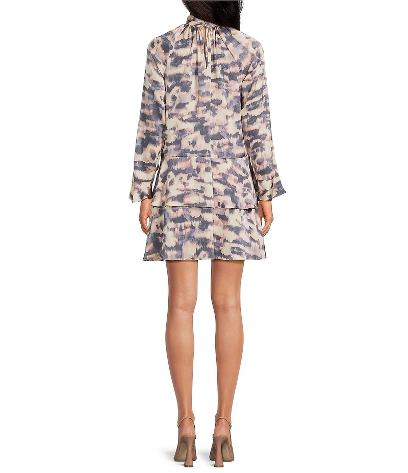 BCBG Hammered Satin Chiffon Printed Mock Neck Long Sleeve Tier Shift Mini Dress