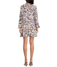 BCBG Hammered Satin Chiffon Printed Mock Neck Long Sleeve Tier Shift Mini Dress