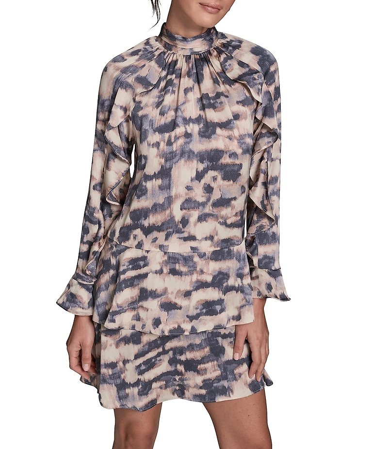 BCBG Hammered Satin Chiffon Printed Mock Neck Long Sleeve Tier Shift Mini Dress