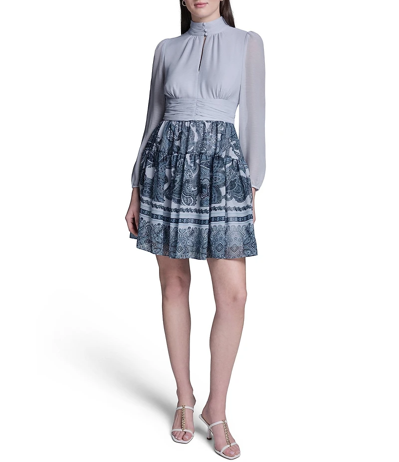BCBG Mock Neck Long Sleeve Ruched Waist Paisley Print Fit & Flare Dress