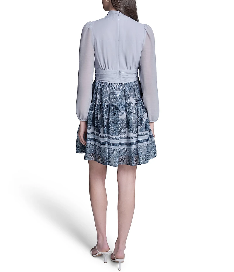 BCBG Mock Neck Long Sleeve Ruched Waist Paisley Print Fit & Flare Dress