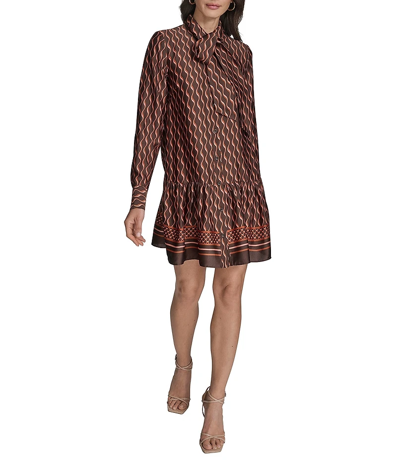 BCBG Mock Neck Tie Long Sleeve Shift Mini Dress