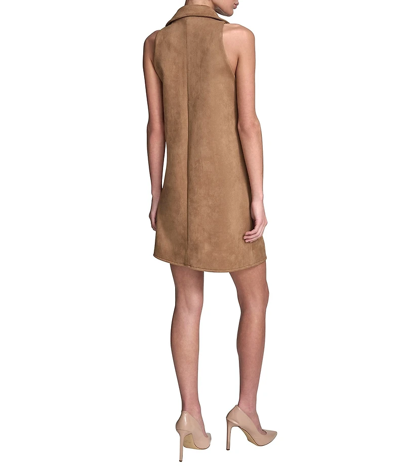 BCBG Notch Collar Sleeveless Flap Pocket Faux Suede Button Front Sheath Dress