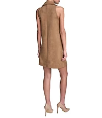 BCBG Notch Collar Sleeveless Flap Pocket Faux Suede Button Front Sheath Dress