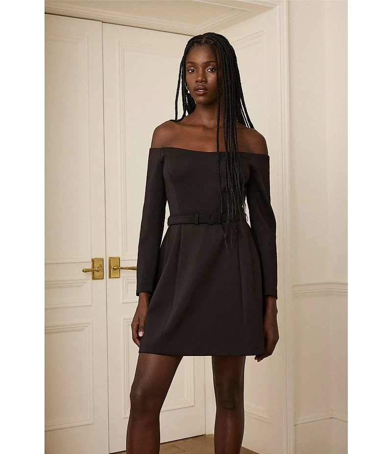 BCBG Off-The-Shoulder Belted Scuba Crepe Mini Dress