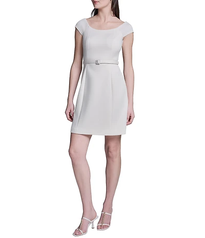 BCBG Off The Shoulder Cap Sleeve Belted Scuba Sheath Dress