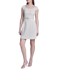 BCBG Off The Shoulder Cap Sleeve Belted Scuba Sheath Dress