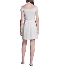BCBG Off The Shoulder Cap Sleeve Belted Scuba Sheath Dress