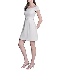 BCBG Off The Shoulder Cap Sleeve Belted Scuba Sheath Dress