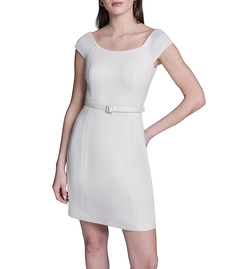 BCBG Off The Shoulder Cap Sleeve Belted Scuba Sheath Dress