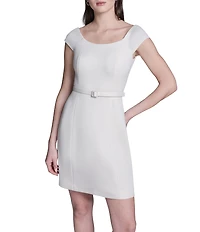 BCBG Off The Shoulder Cap Sleeve Belted Scuba Sheath Dress