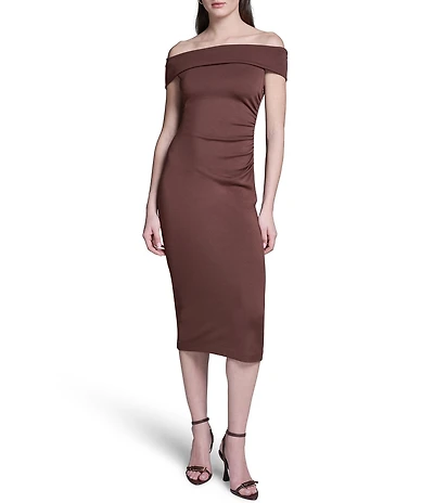 BCBG Off the Shoulder Side Ruched Knit Midi Dress