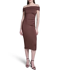 BCBG Off the Shoulder Side Ruched Knit Midi Dress