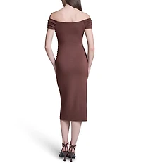 BCBG Off the Shoulder Side Ruched Knit Midi Dress