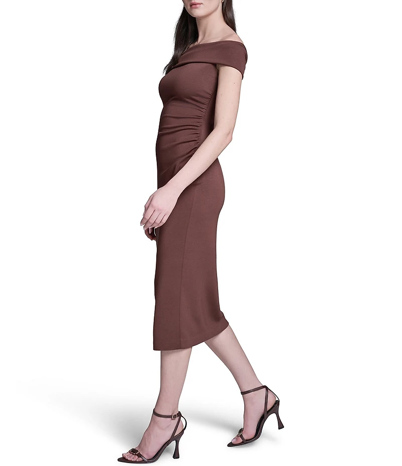 BCBG Off the Shoulder Side Ruched Knit Midi Dress