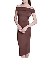 BCBG Off the Shoulder Side Ruched Knit Midi Dress