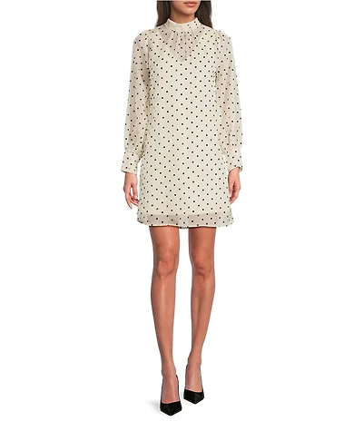 BCBG Organza Mock Neck Long Illusion Sleeve Dotted Shift Dress