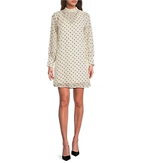 BCBG Organza Mock Neck Long Illusion Sleeve Dotted Shift Dress